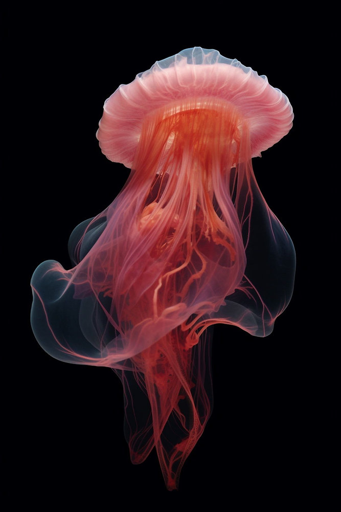 A red jellyfish suspended in dark water